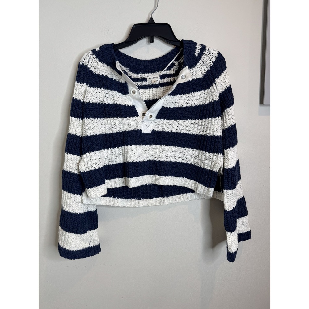 Pilcro Sweater Womens XS Navy White Striped Knit Cropped Pullover Button Henley
